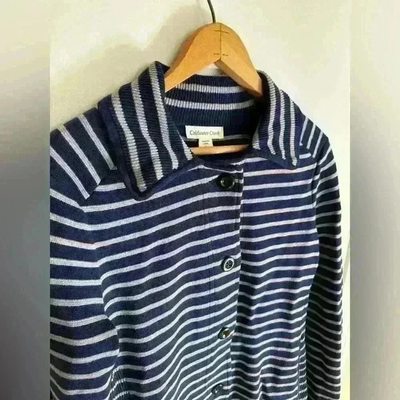 Button up knit striped blue collared cardigan by Coldwater Creek size small or 8 - Picture 3 of 16